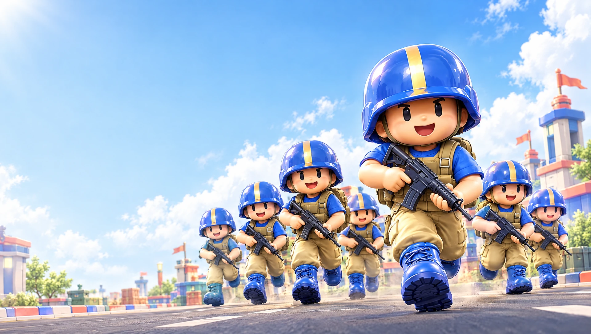 Friendly blue-helmet toy soldiers charge forward through a bright city in promotional artwork.
