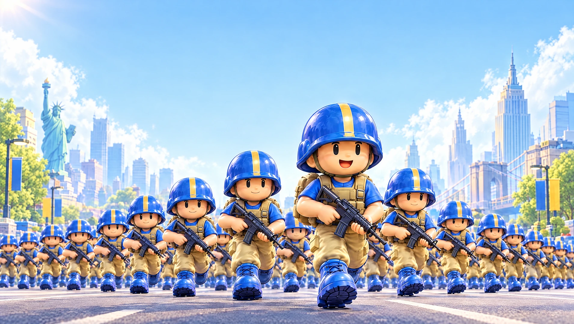 A large army of friendly blue-helmet recruits fills the road in a promotional illustration.