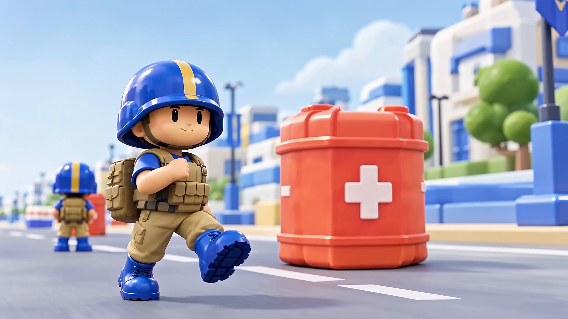 A lone blue-helmet recruit begins the promotional story.