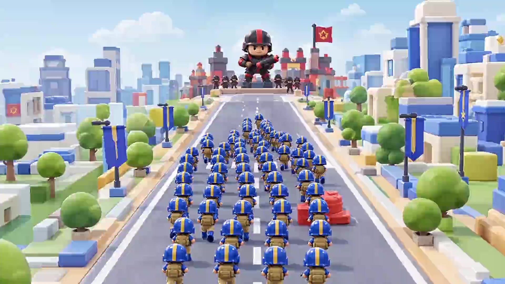 A large toy army approaches a commander at the end of the promotional film.